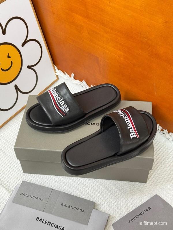 2025 Slippers Balenciaga Black Leather Slippers KFY00230
