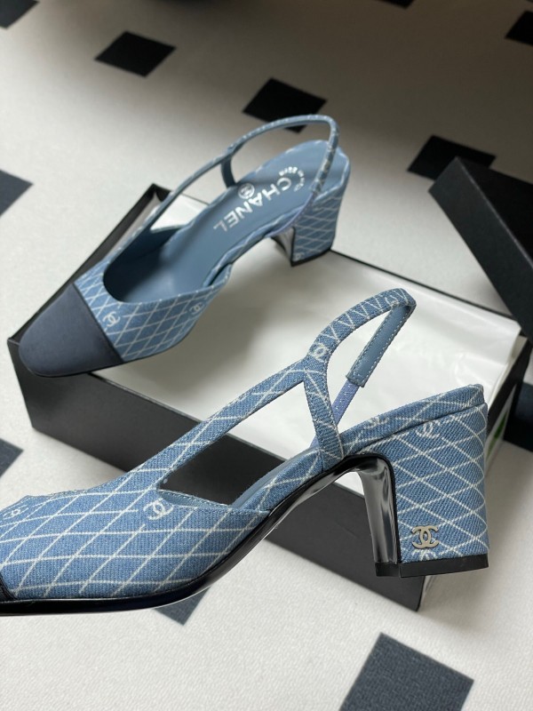 2025 Women Chanel Light Blue Denim Leather Sling-back Heels