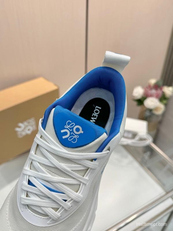 2025 Women Loewe White Blue Mesh Leather Sneakers