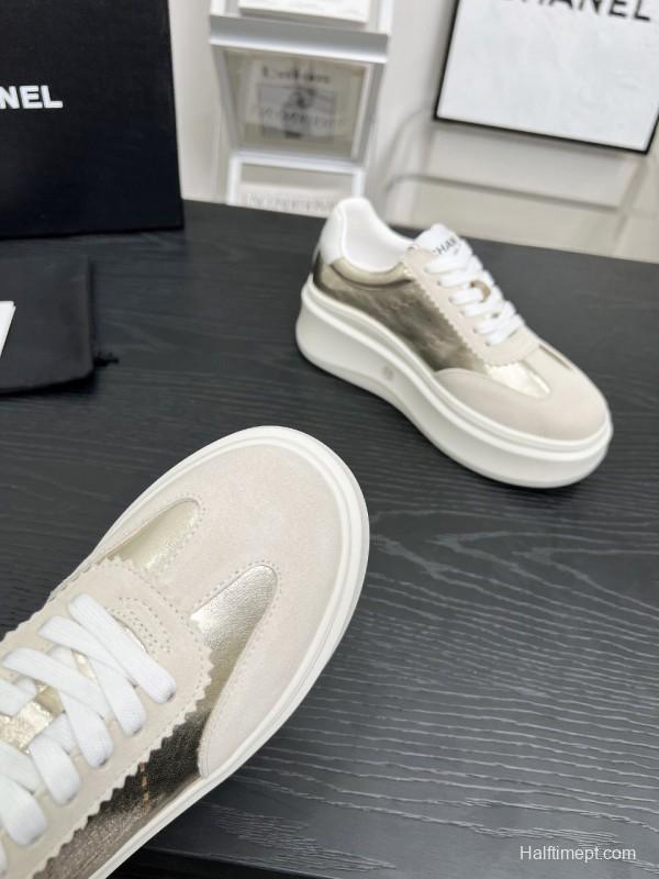 2025 Women Chanel Beige Gold Leather Suede Sneakers LY00290