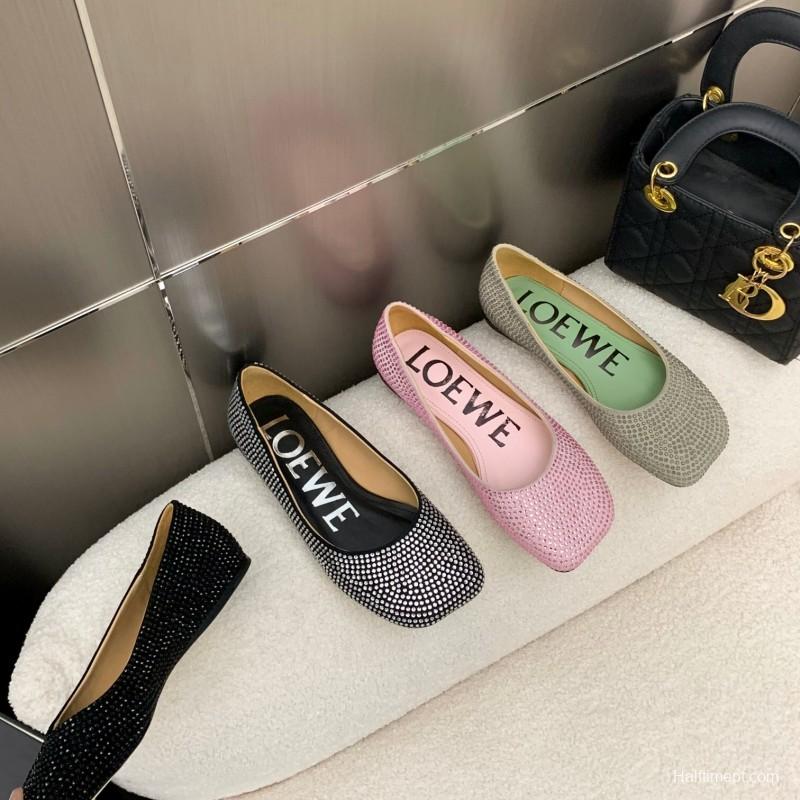2025 Women Loewe Pink Lambskin Rhinestone Ballet Flats LY00291