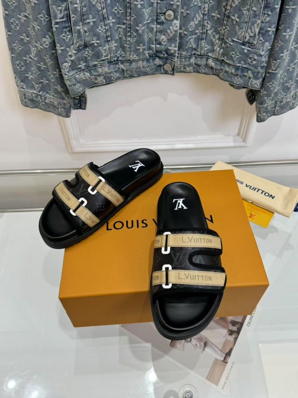 2025 Slippers Louis Vuitton Black Beige Leather Mesh Slippers LY