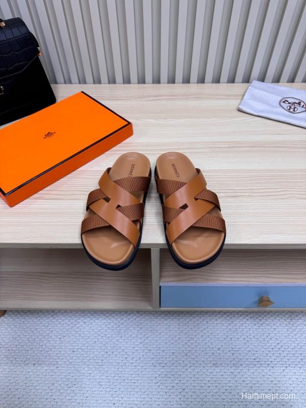 2025 Men Hermès Brown Leather Slippers