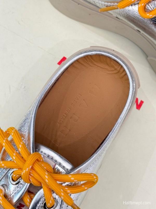 2025 Women Yves Saint Laurent Silver Leather Platform Sneakers With Orange And Beige Laces YSL123(F)