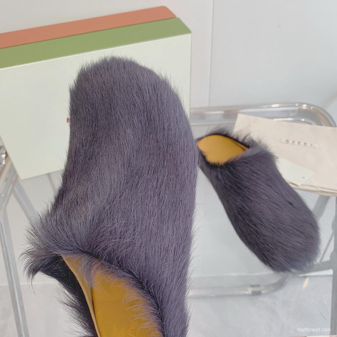 2024 Women Marni Gray Pony Hair Mules MJ00320