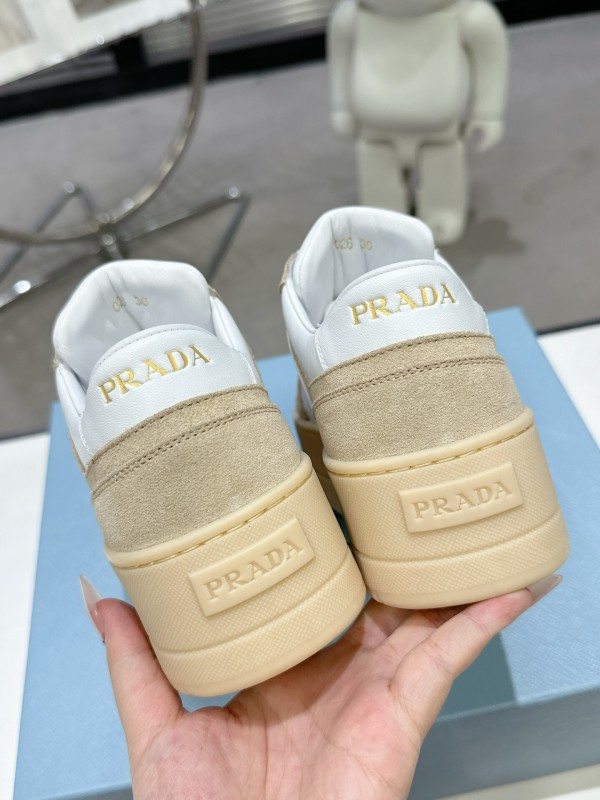 2025 Women Prada White Beige Leather Sneakers
