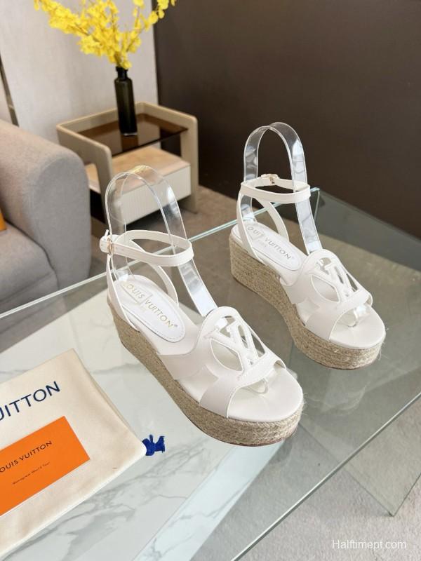 2025 Women Louis Vuitton White Leather Espadrille Wedge Sandals MJ00280