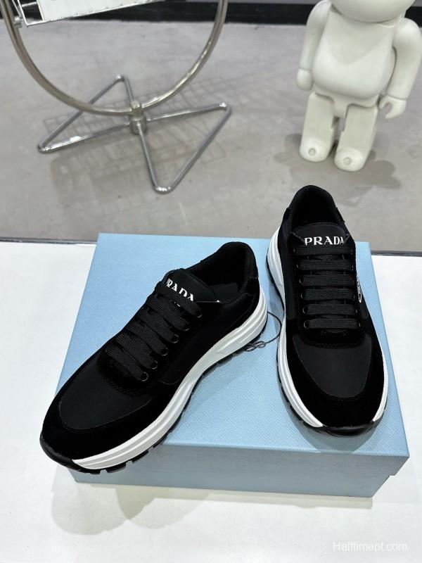 2025 Women Prada Black Leather Mesh Sneakers KFY00310
