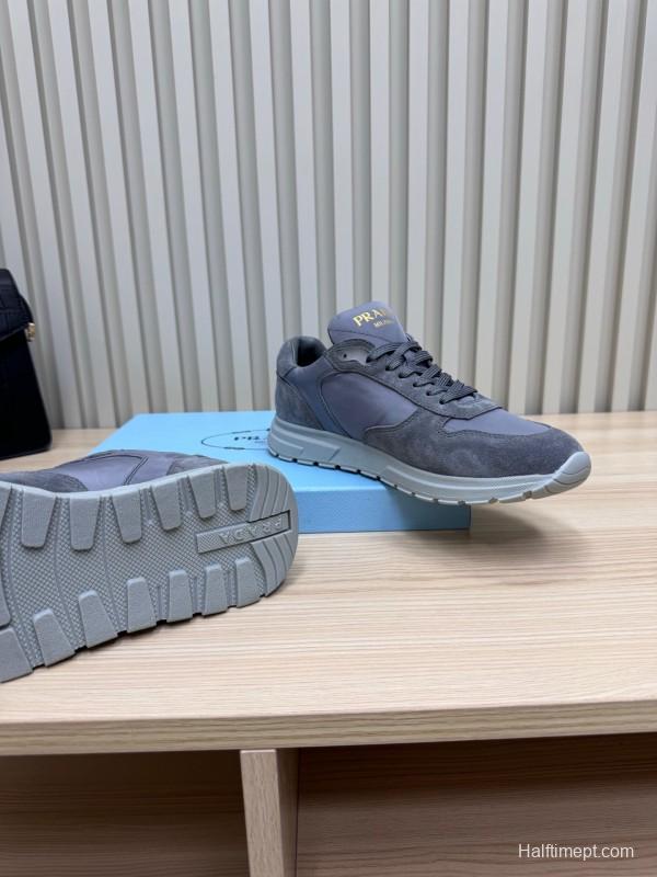 2025 Women Prada Grey Suede Leather Sneakers LY00300