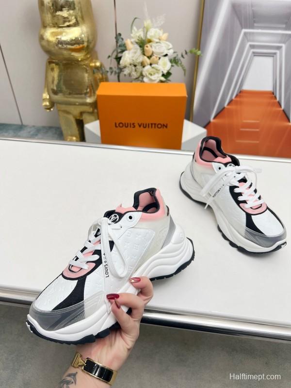 2025 Women Louis Vuitton White Black Pink Leather Mesh Sneakers LY00340
