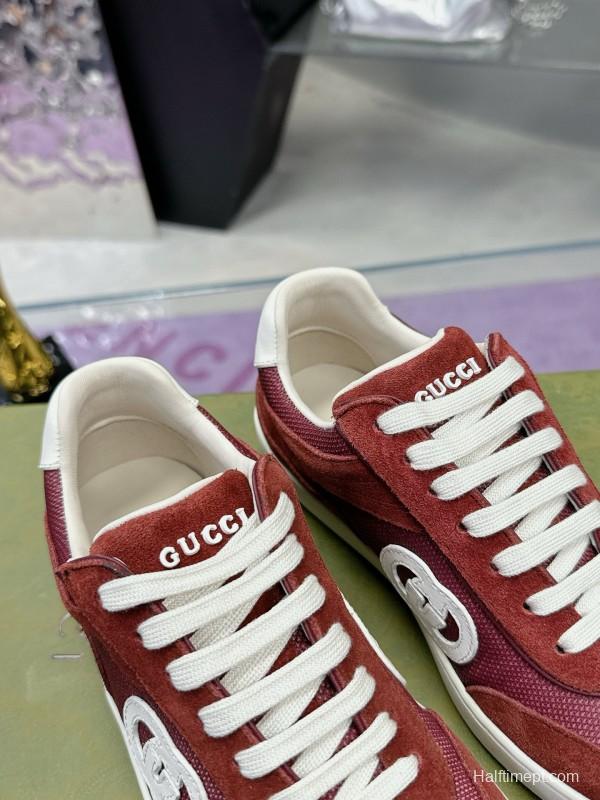 2024 Unisex Gucci Red Burgundy White Leather Suede Sneakers MJ00310