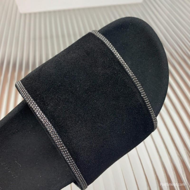 2025 Women BRUNELLO CUCINELLI Black Imported Suede Flat Sandals Handcrafted Beaded Chain Decoration KFY00240(F)