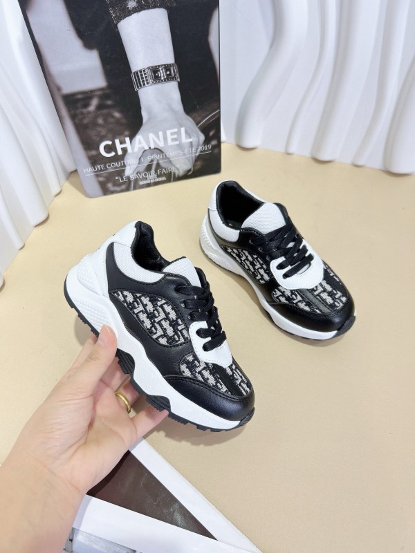 2024 Kids CHANEL Black White Leather Sneakers