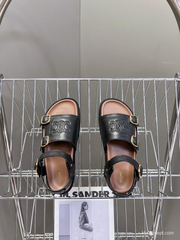 2025 Women Celine Black Leather Sandals Buckle KFY00280