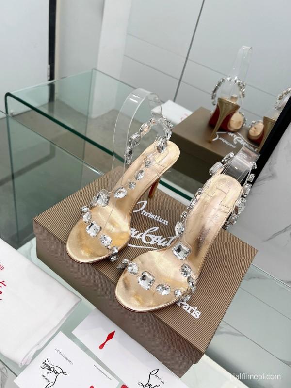 2025 Women Christian Louboutin Gold PVC Crystal High Heel Sandals LY00300