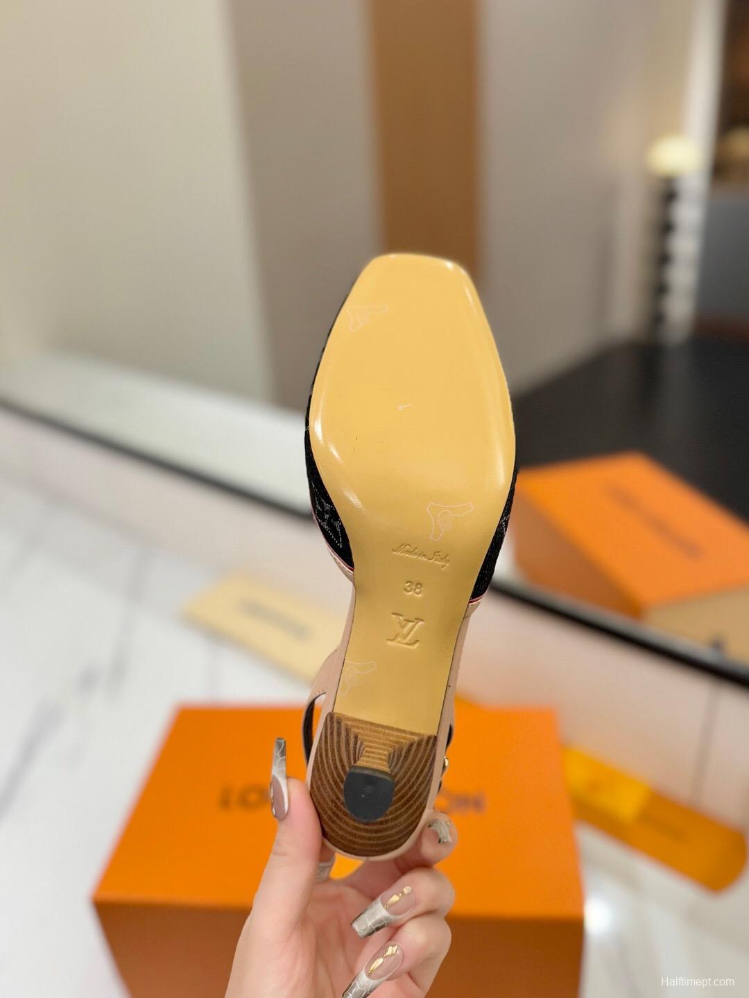 2025 Women LV Black Pink Denim Leather Slingback Heels KFY00310