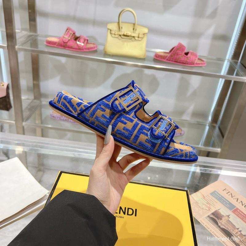 2025 Fendi Blue Fabric Leather Slippers MJ00230
