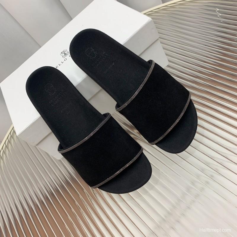 2025 Women BRUNELLO CUCINELLI Black Imported Suede Flat Sandals Handcrafted Beaded Chain Decoration KFY00240(F)