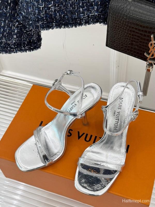 2025 Women Louis Vuitton Silver Calfskin Leather Strappy High Heel Sandals KFY00280