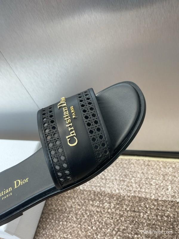 2025 Women Dior Black Leather Slides