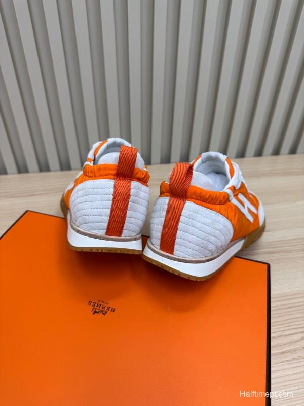 2025 Unisex Hermès Orange White Suede Nylon Sneakers Top Version LY00310