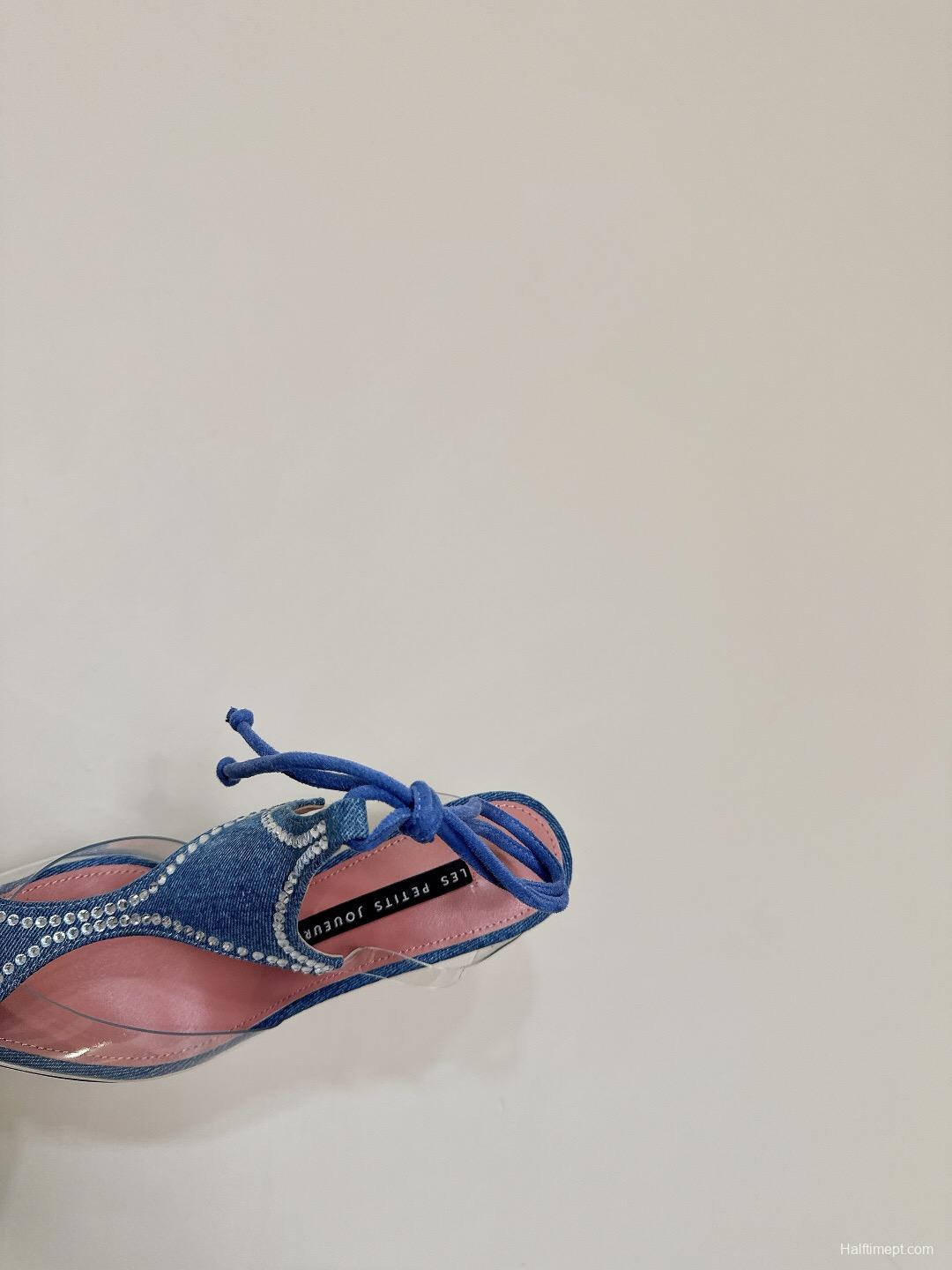 2025 Women Les Petits Joueurs Blue Denim Satin Leather Heels KFY00290