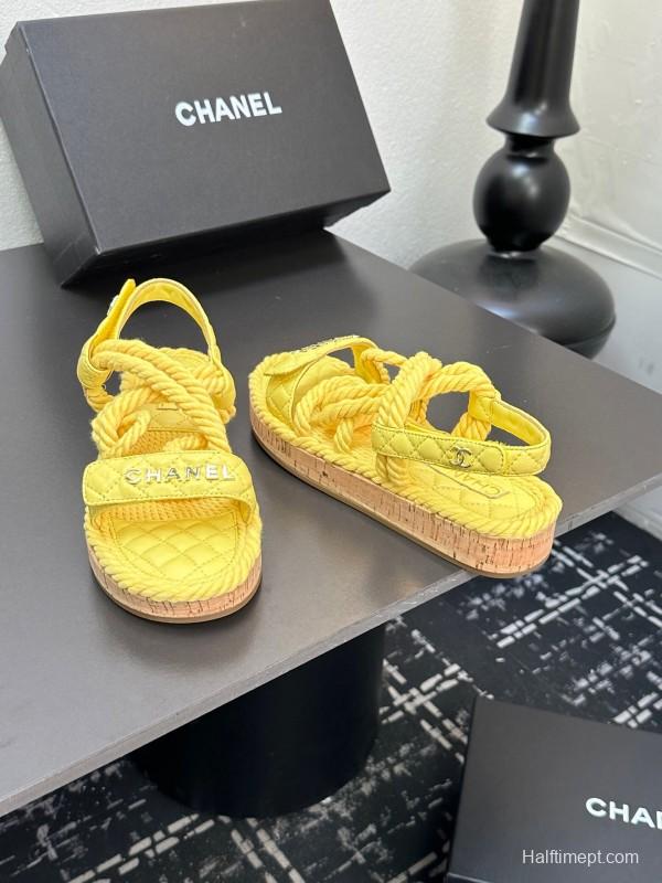 2025 Slippers Chanel Yellow Rope Cork Sole Sandals LY00260
