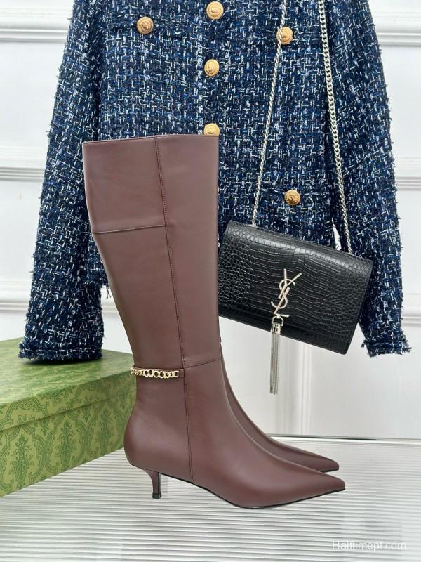 2024 Women Gucci brown calf leather boots chain MJ00550