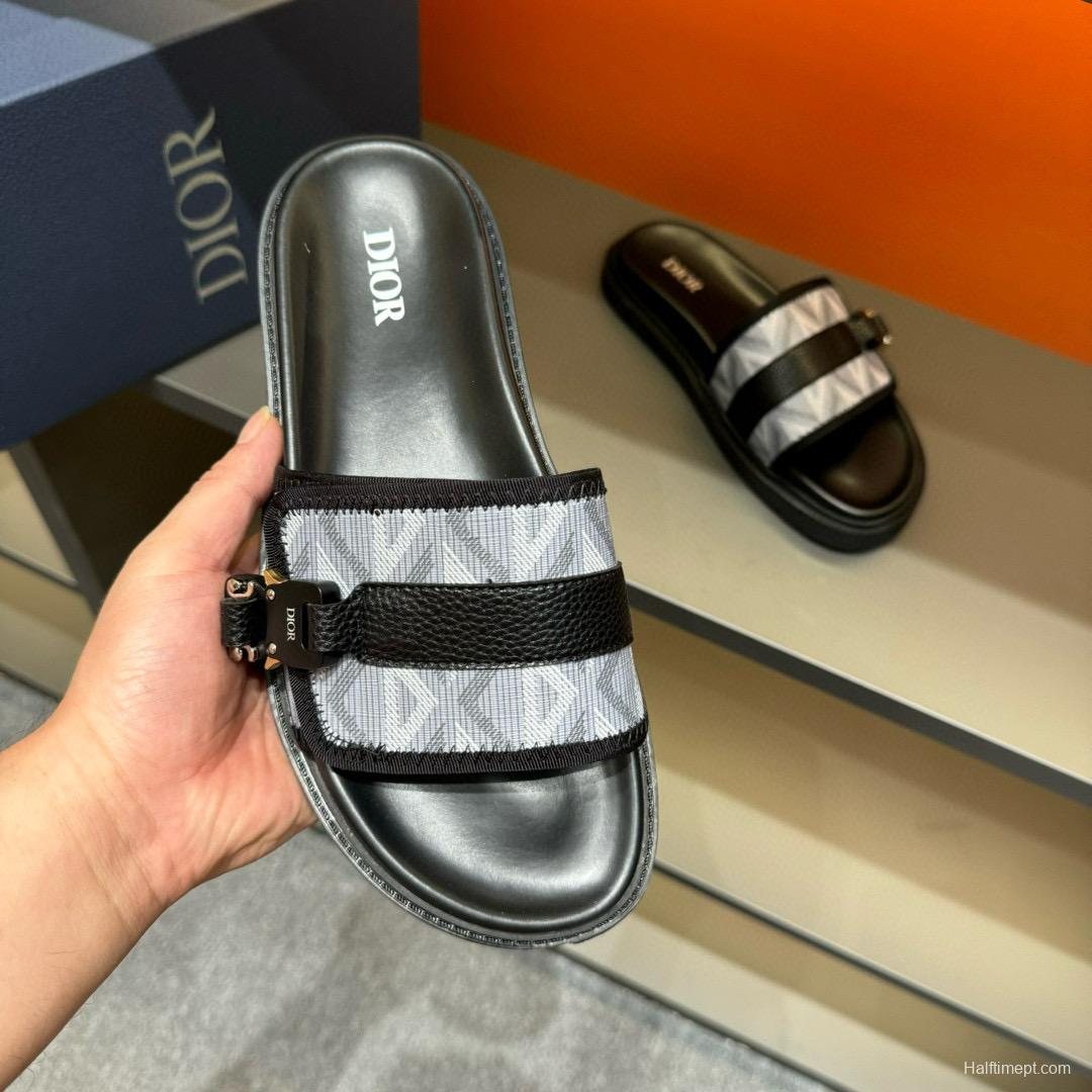 2024 Men Dior Black White Oblique Embroidered Leather Sandals H-Town MJ00190