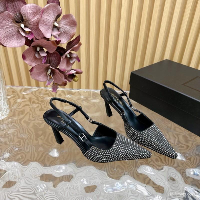 2024 Women Yves Saint Laurent Black Silk Slingback Pumps Crystal Embellishment MJ00320