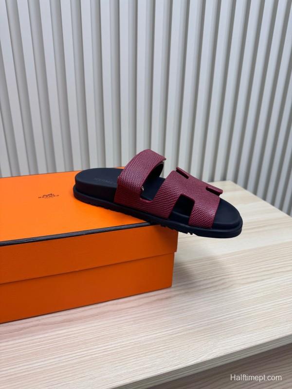 2025 Slippers Hermès Burgundy Black Leather Slide KFY00260