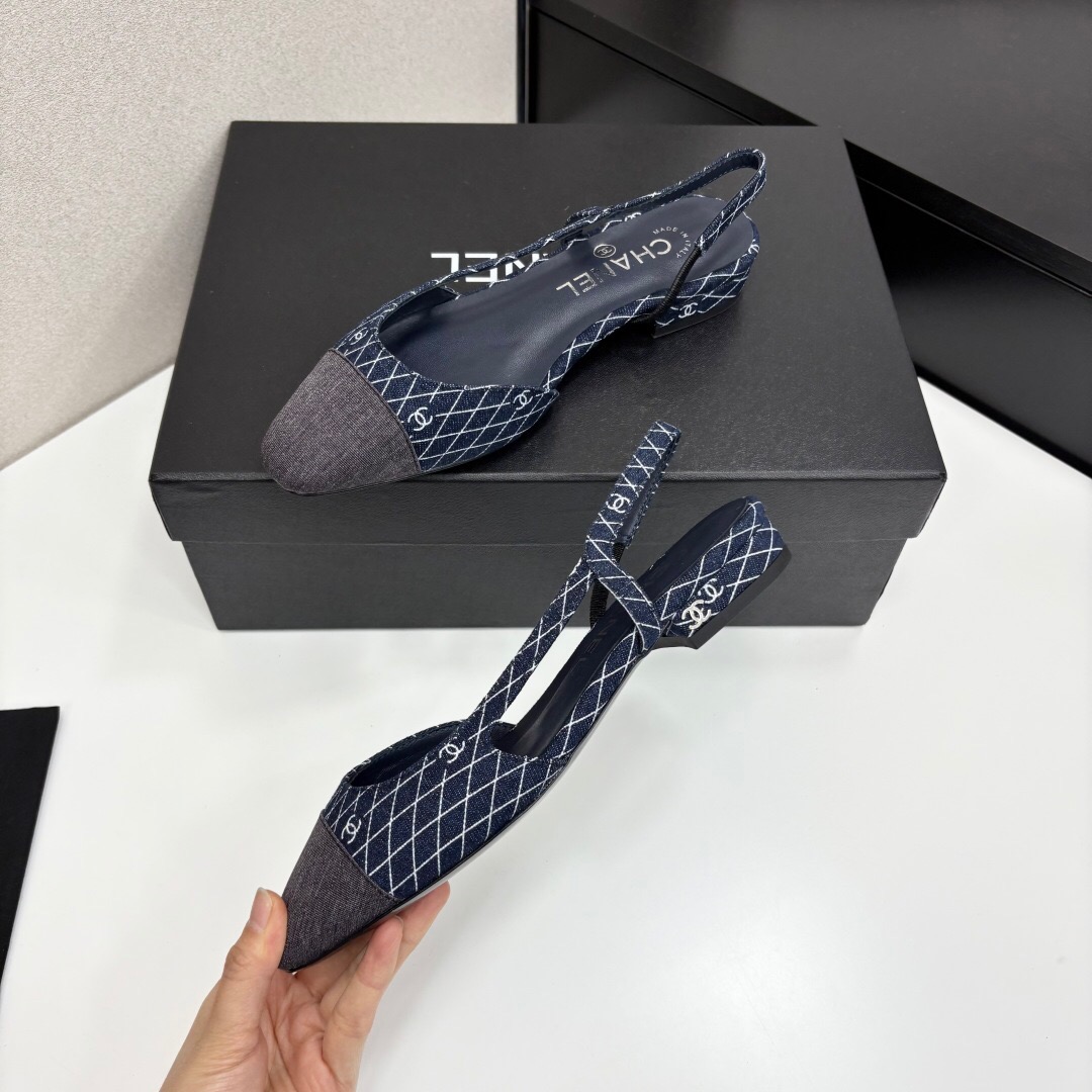 2025 Women Chanel Navy Blue Grey Fabric Leather Slingback LY00000