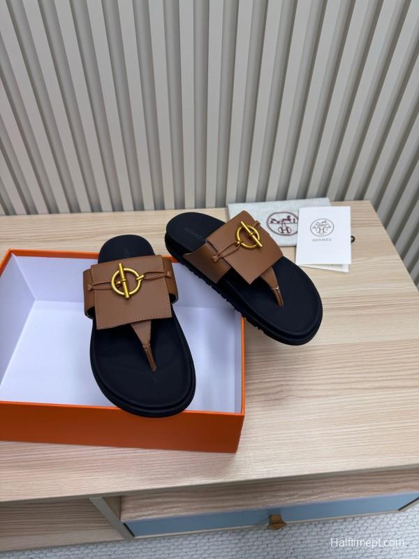 2025 Slippers Hermès Brown Black Leather Slippers