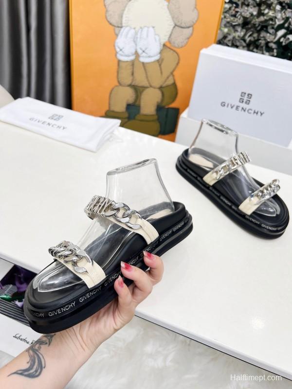 2025 Women Givenchy White Leather Sandals Chain Detail LY00250