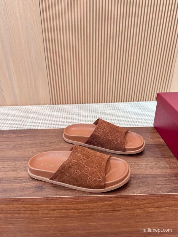 2025 Women Gucci Brown Suede Leather Slippers