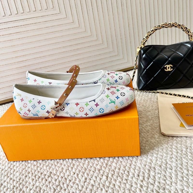 2025 Women Louis Vuitton White Multicolor Leather Ballet Flat