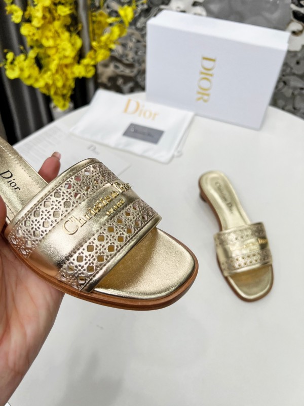 2025 Women Dior Gold Leather Slides
