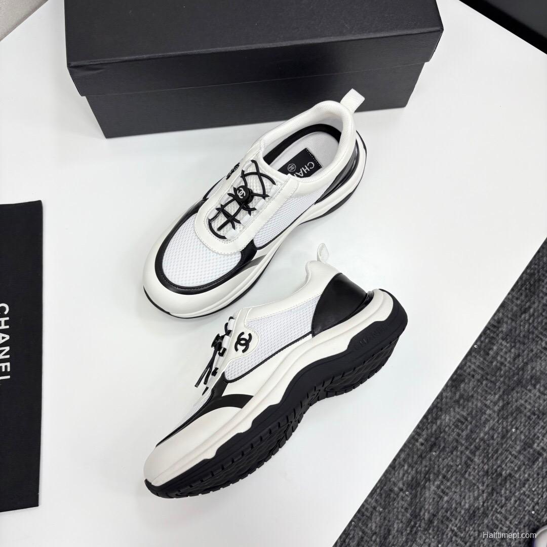 2025 Unisex Chanel White And Black Silk Leather Panda Sneakers With Embroidery Detail CHN2025