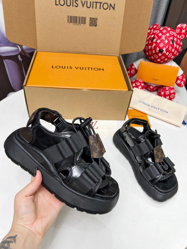 2025 Women Louis Vuitton Black Leather Fabric Sandals LV00310