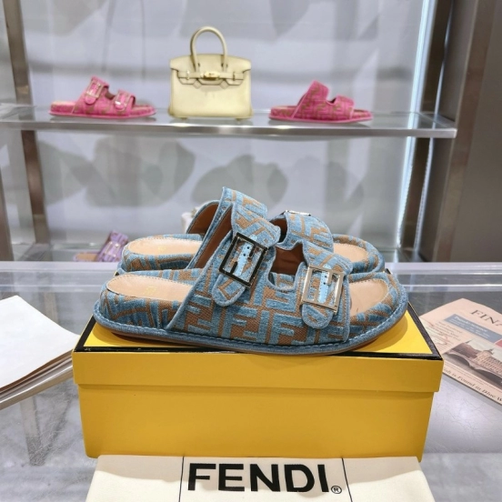 2025 Fendi Blue Beige Fabric Leather Slippers KFY00250