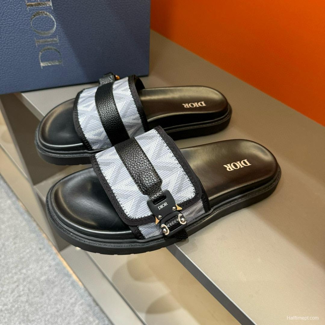 2024 Men Dior Black White Oblique Embroidered Leather Sandals H-Town MJ00190