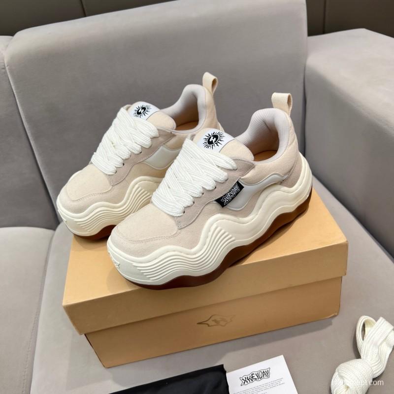 2025 Unisex HEYDAY Beige White Canvas Leather Wave Bread Sneakers KFY00260