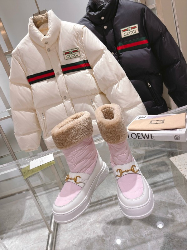 2024 Women Gucci Pink White Leather Shearling Snow Boots