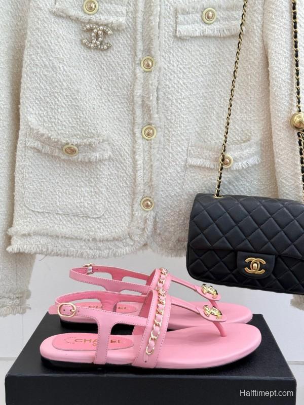 2025 Women Chanel Pink Lambskin Sandals CC Logo KFY00250