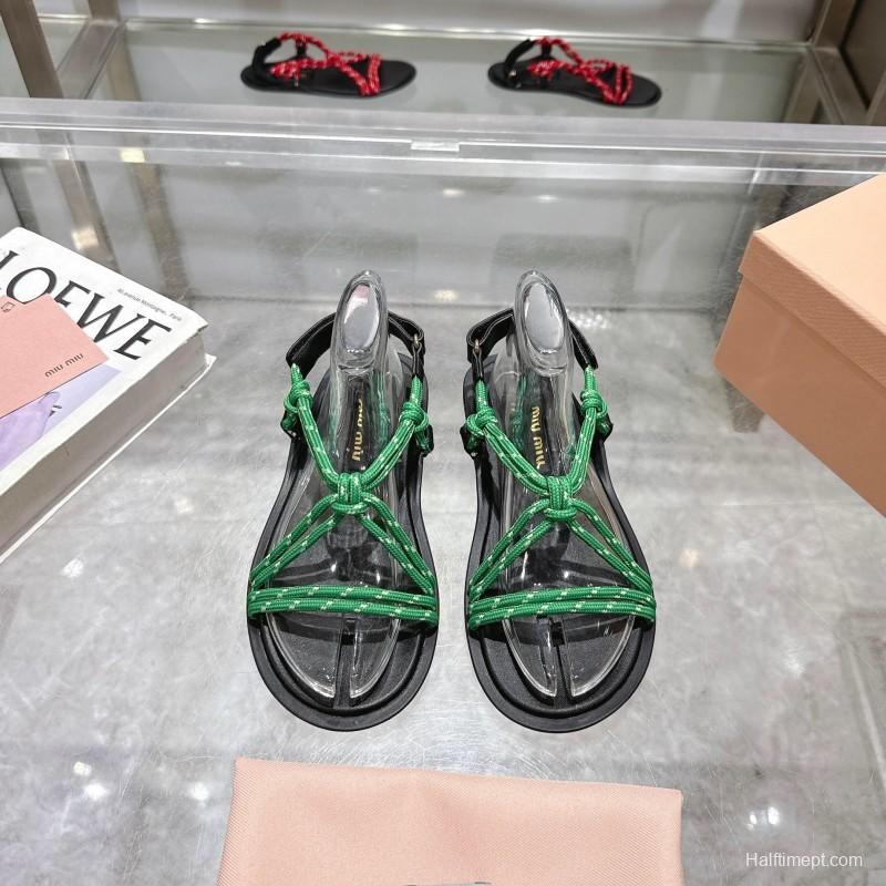2025 Women Miu Miu Green Black Rope Leather Sandals