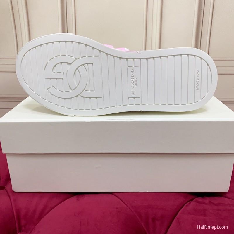 2025 Women Dolce & Gabbana White Pink Leather Mesh Sneakers