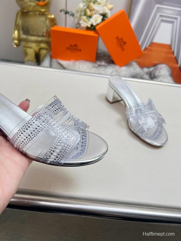 2025 Slippers Hermès Silver Leather Slippers MJ00180/215