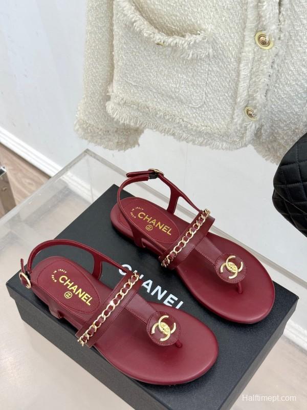 2025 Women Chanel Red Leather Sandals Chain Decoration