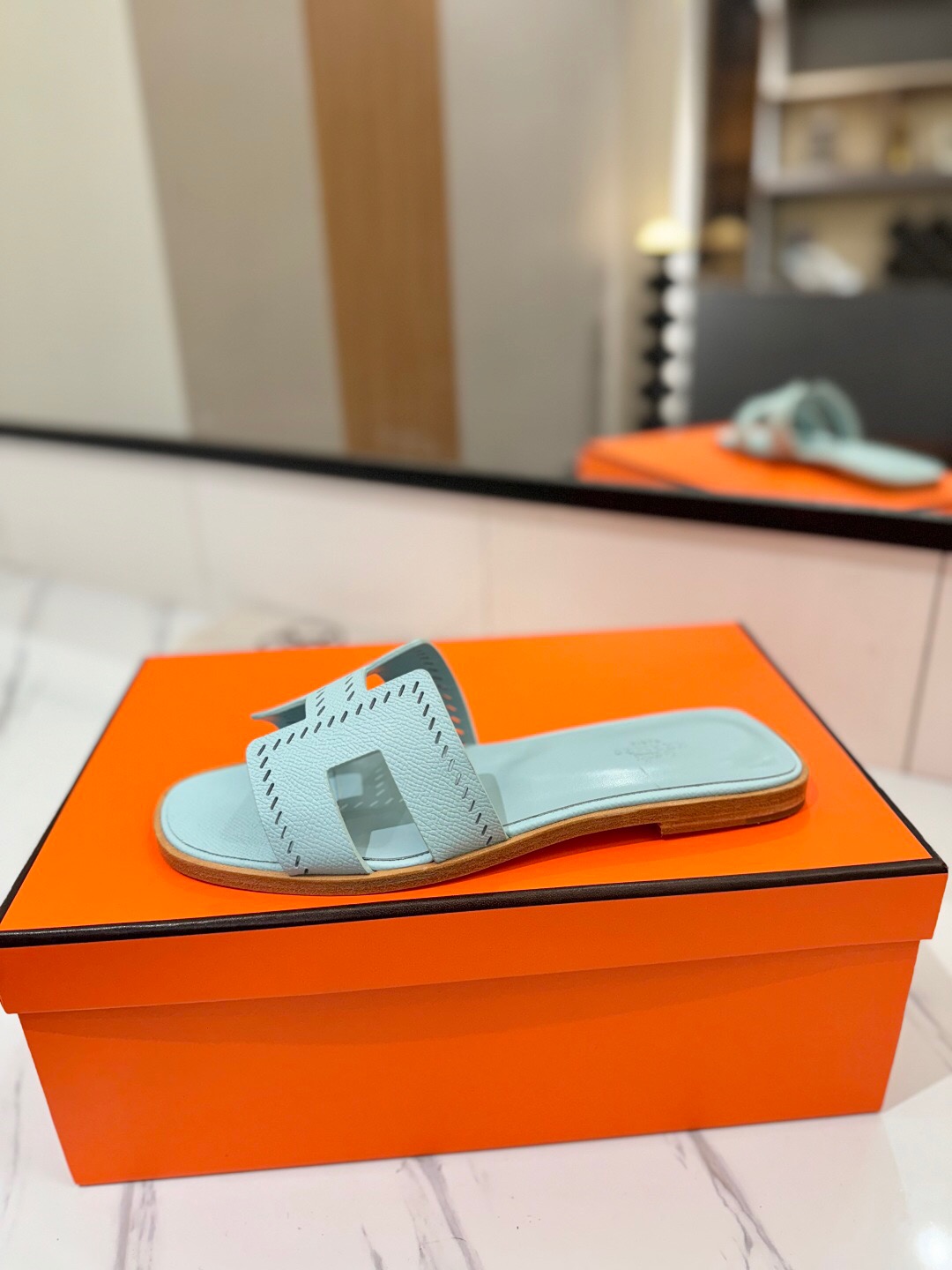 2025 Women Hermès Light Blue Leather Slippers