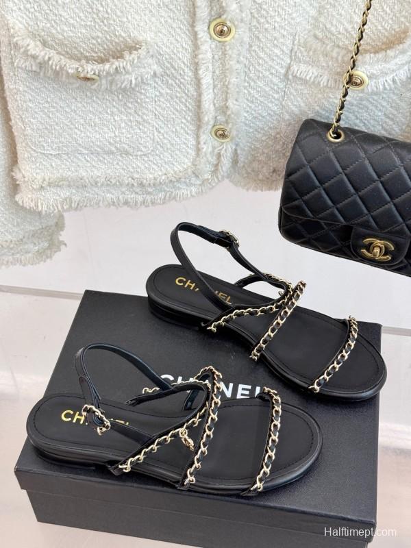 2025 Women Chanel Black Leather Slingback Sandals Chain KFY00270